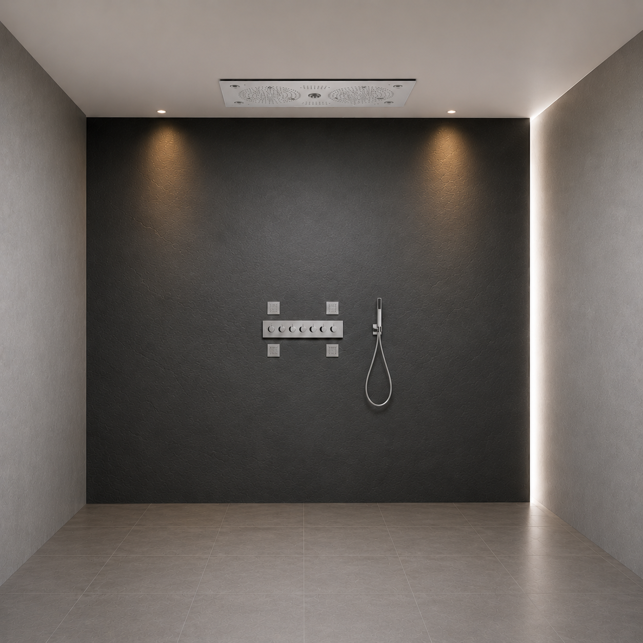 BathSelect Magenta chrome LED thermostatic recessed ceiling shower system with rainfall, Bluetooth audio and hand shower