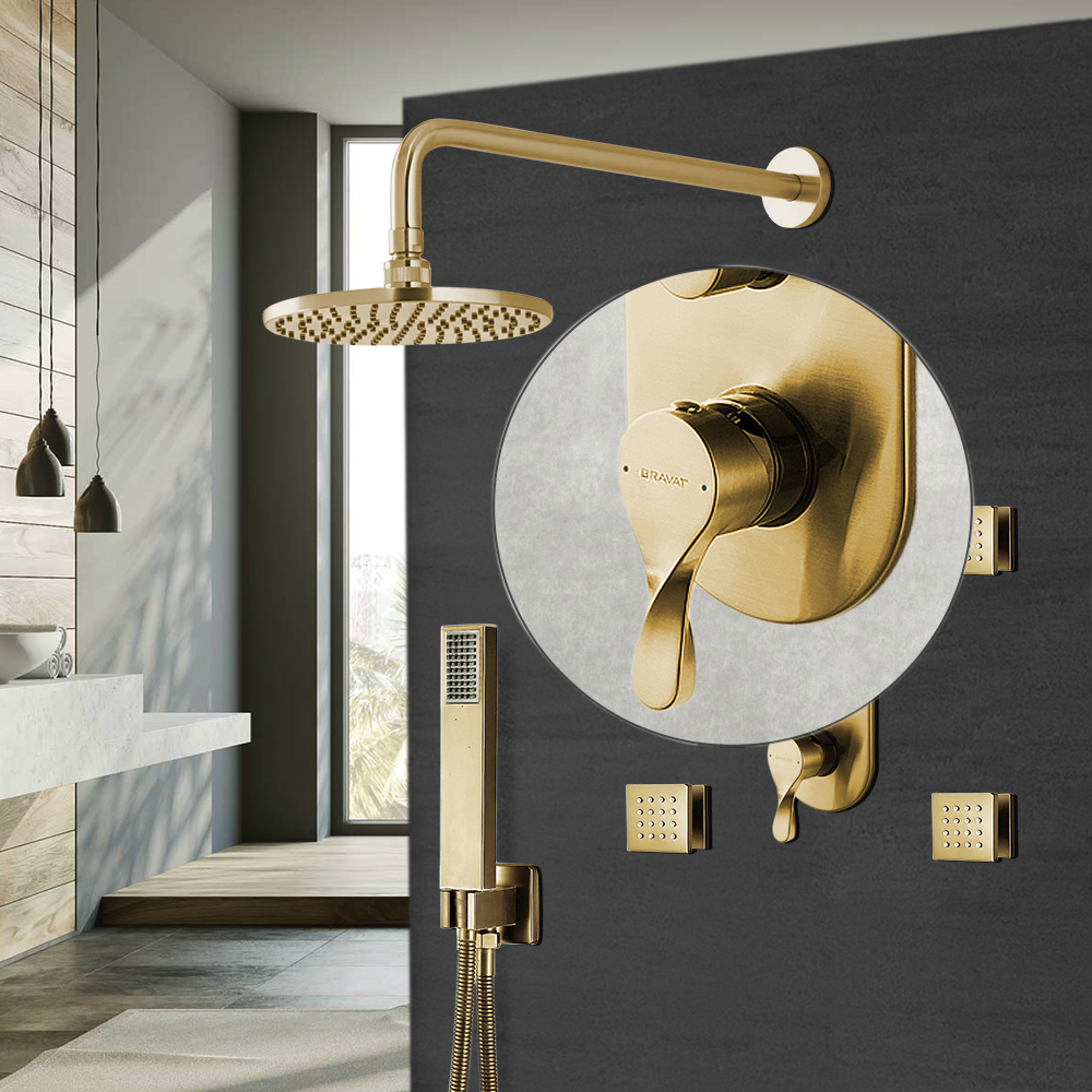 Brushed Gold Rainfall Round Shower Head And Hand Held Shower With Stress-Free Body Jet & Thermostatic Mixer Valve