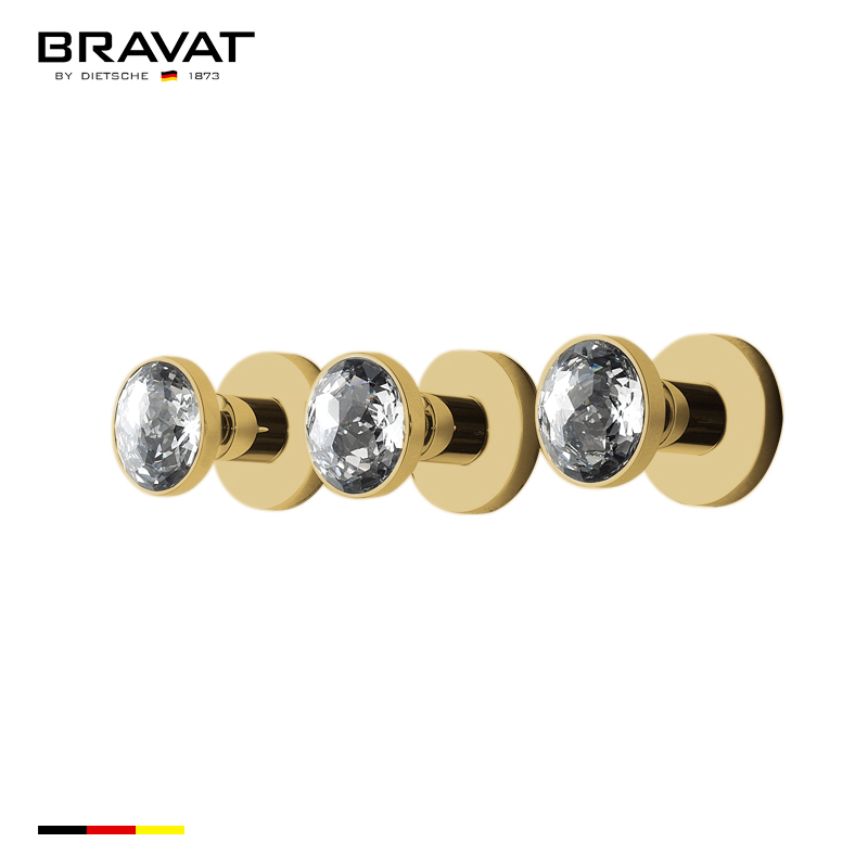 Bravat Brushed Gold Three Crystal Handle Thermostatic Bathroom Shower Mixer