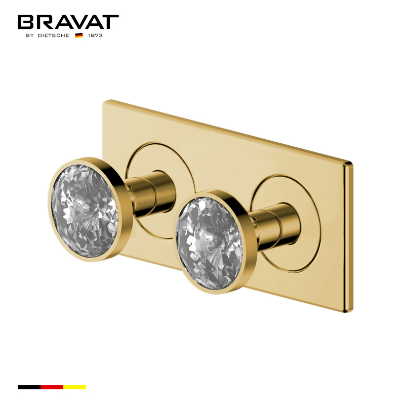 Bravat Two Crystal Handle Thermostatic Bathroom Shower Mixer In Brushed Gold Finish