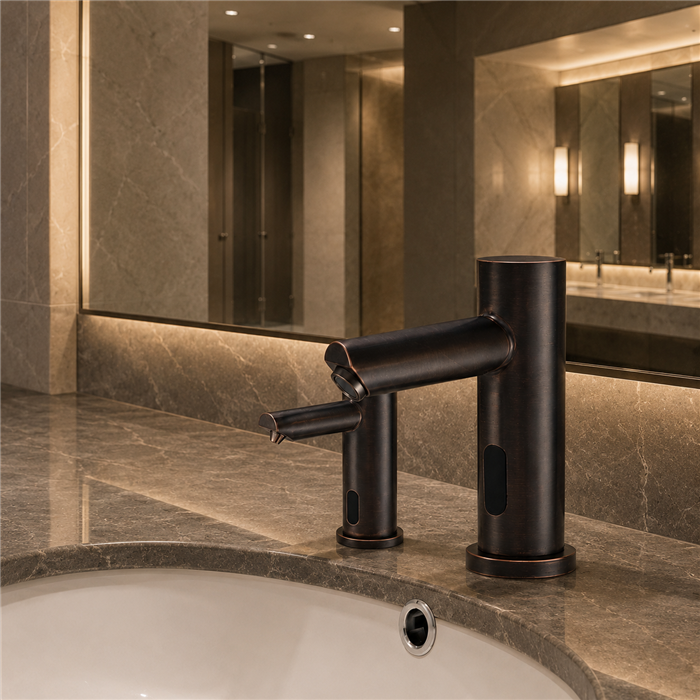 High-traffic restroom touchless fixture coordination