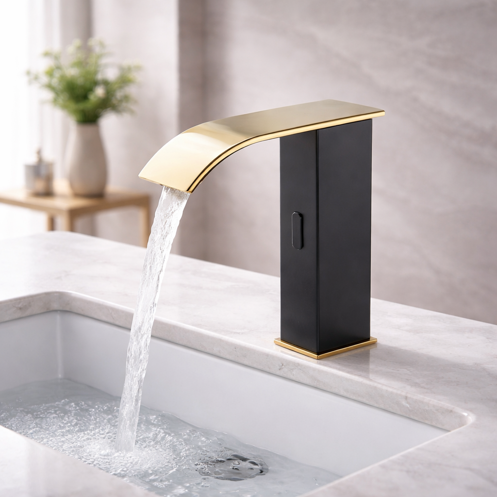 BathSelect black and gold waterfall automatic smart sensor faucet