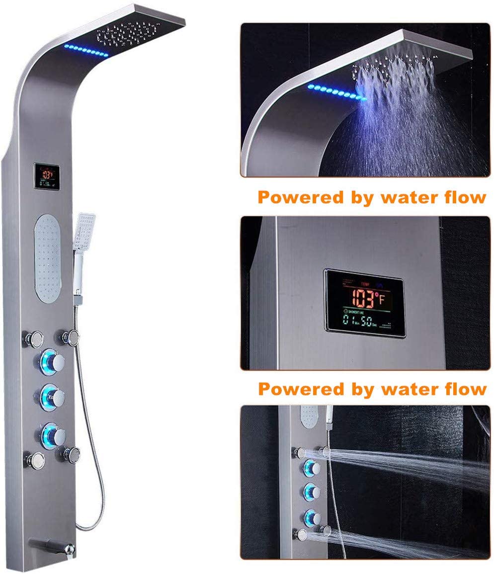 LED Rainfall Shower Panel Tower Faucet Stainless Steel Massage Body Jets System 