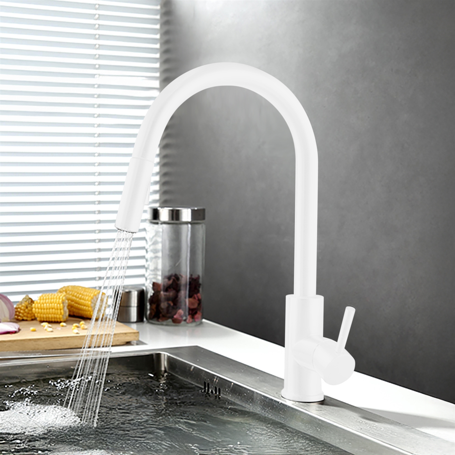 BathSelect Bevagna Single Handle Kitchen Touch Faucet With Pull Down Sprayer in Matte White