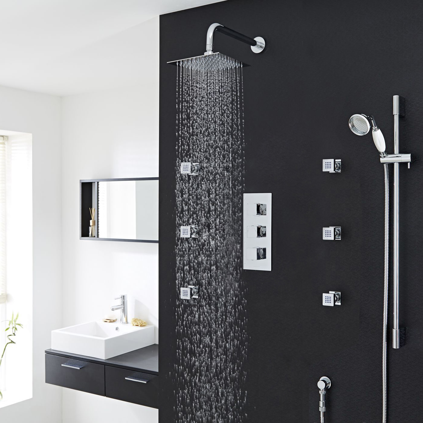 Genoa Square Thermostatic Bath Shower Set with Rainfall Shower Head & Hand Shower