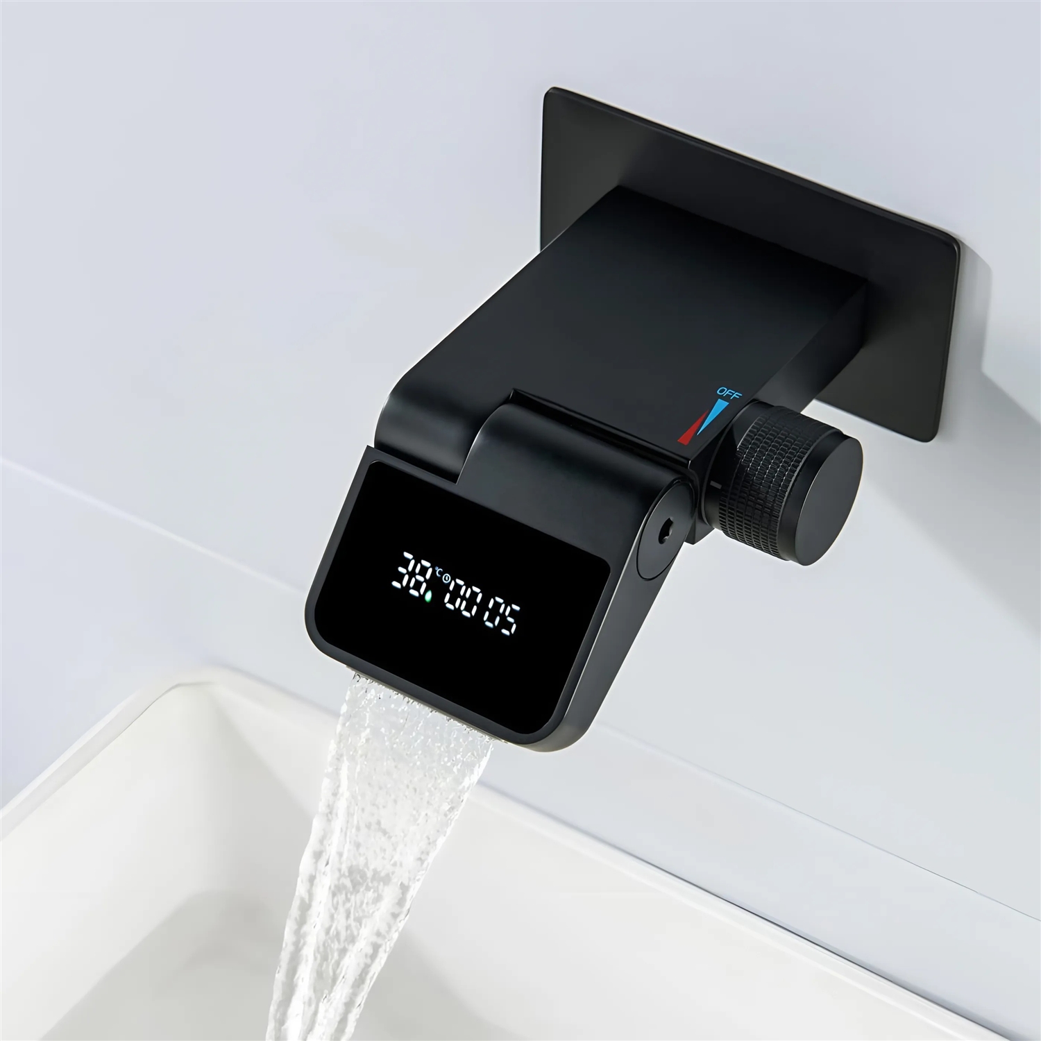 BathSelect Pietra Matte Black Waterfall Basin Mixer Faucet with Temperature Display