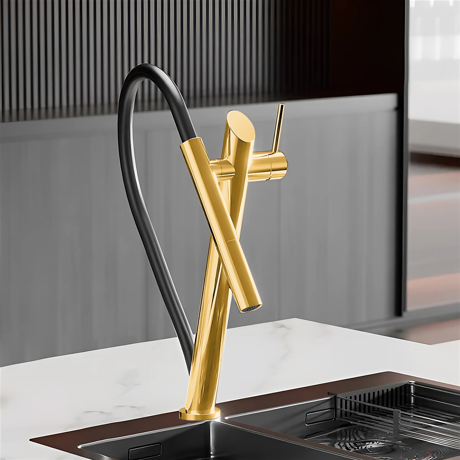 BathSelect Pluie Gold Pull Out Magnetic Suction Kitchen Faucet