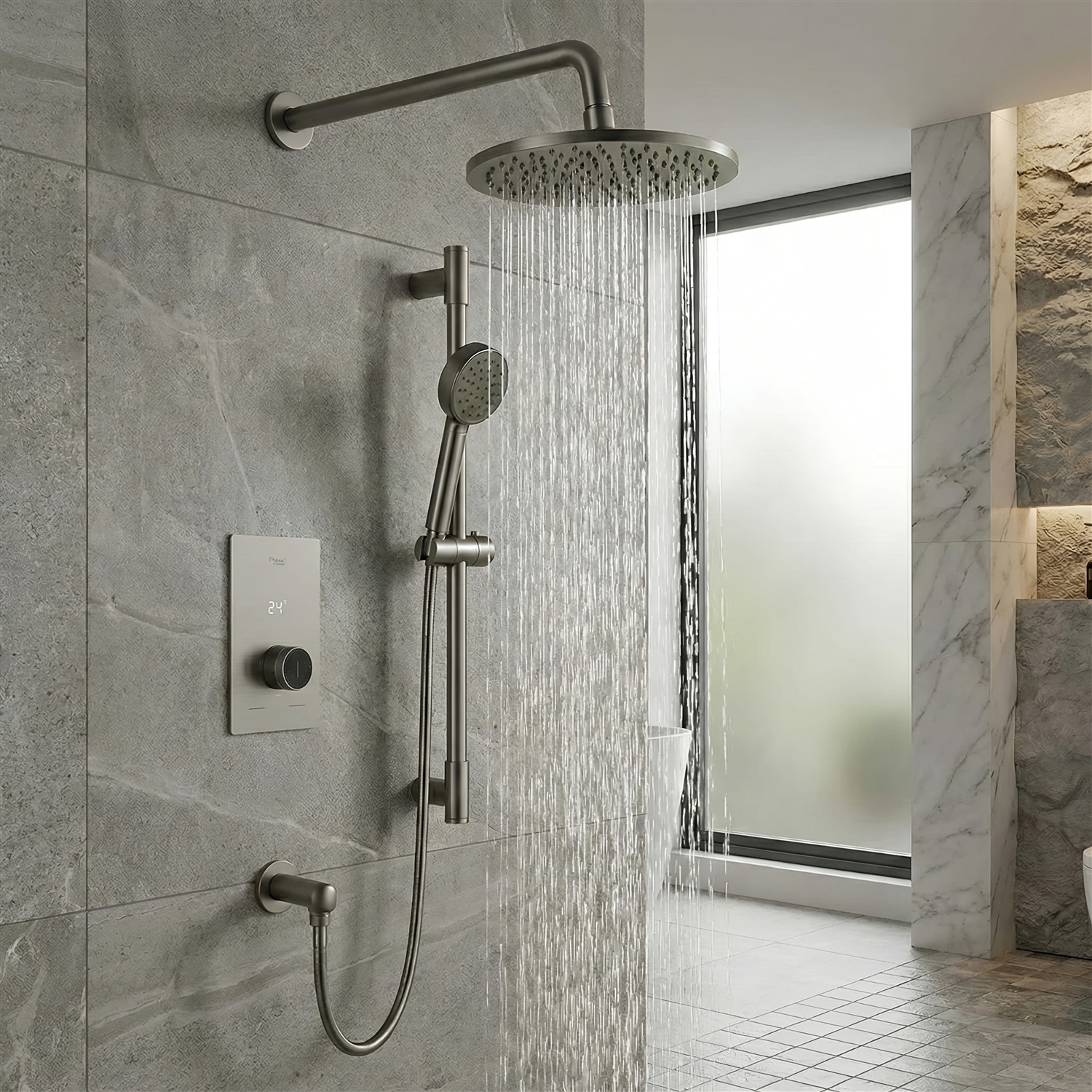 thermostatic shower valve system with rainfall head and hand shower