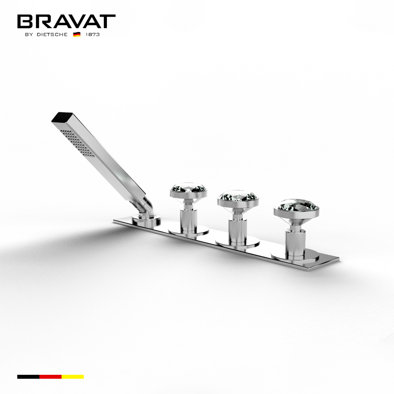 Bravat Deck Mount Triple Crystal Faucet Along With Hand Held Shower In Chrome Finish