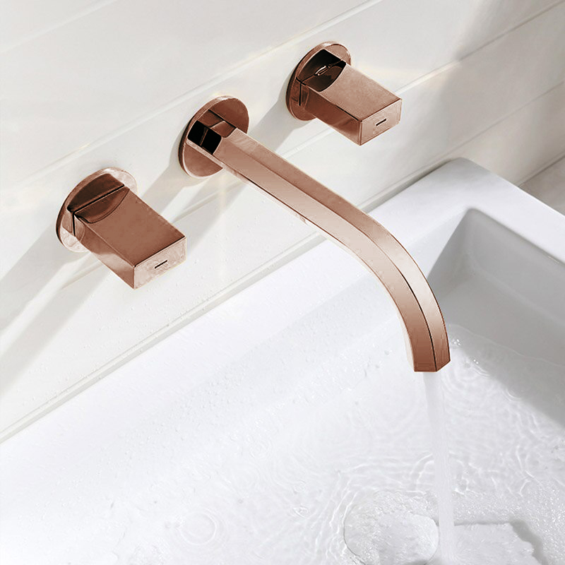Delaware Contemporary Double Handle Wall Mounted Bathroom Sink Faucet in Rose Gold Finish