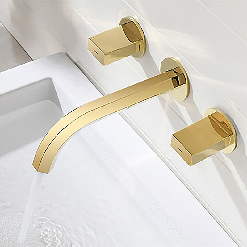 Delaware Contemporary Double Handle Wall Mount Bathroom Sink Faucet in Gold Finish
