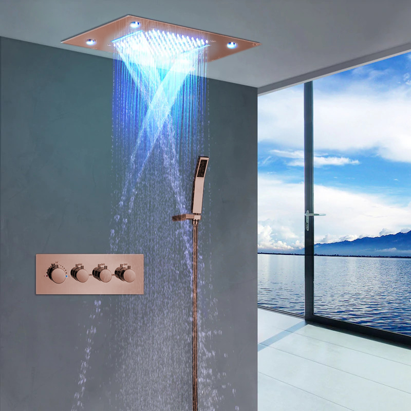 BathSelect Reno Solid Brass Multi Color LED Rain And Waterfall Shower Head With Thermostatic Mixer Valve Shower Set In Rose Gold
