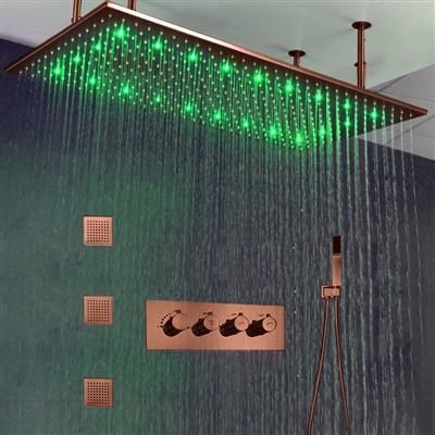Solid Brass Multi Color LED Rainfall Shower Head With Handheld Shower And Thermostatic Mixer In Light Oil Rubbed Bronze Finish