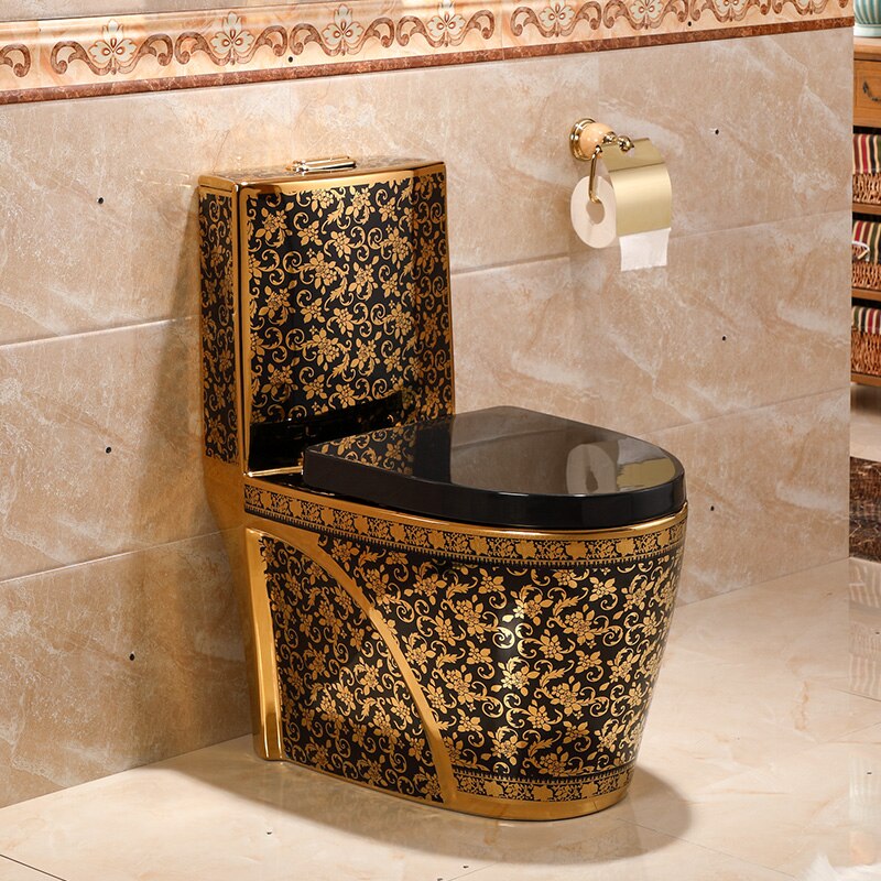 European Ceramic Floor Mount Lavatory In Black And Gold Floral Design