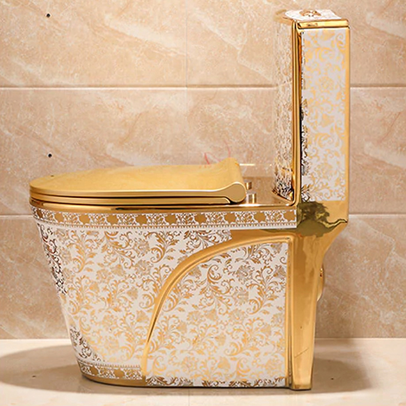 European Ceramic Floor Mount Lavatory In White And Gold Floral Design