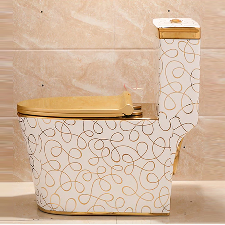 European Ceramic Floor Mount Lavatory In White With Gold Abstract Design