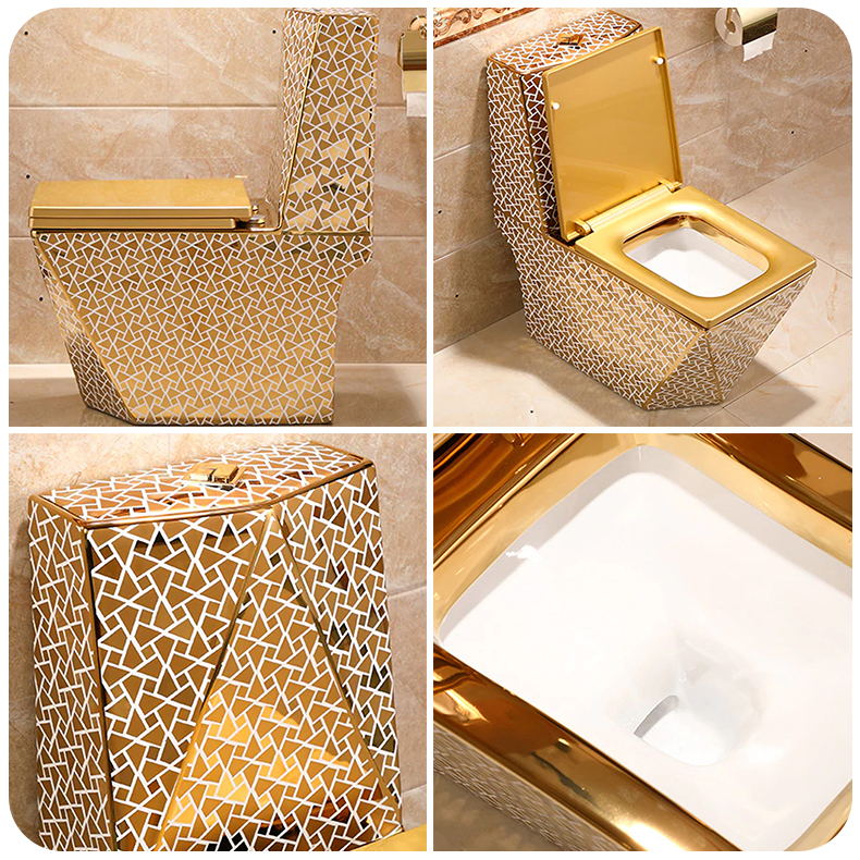 European Rectangular Floor Mount Lavatory In Gold With Geometric Pattern