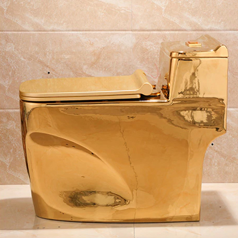 European Ceramic Floor Mount Lavatory In Shiny Gold With Short Water Closet