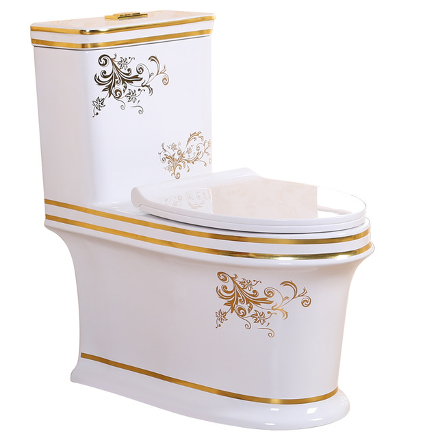 Vermont European Style Floor Mounted Lavatory in Ceramic White and Gold Finish with Floral Design