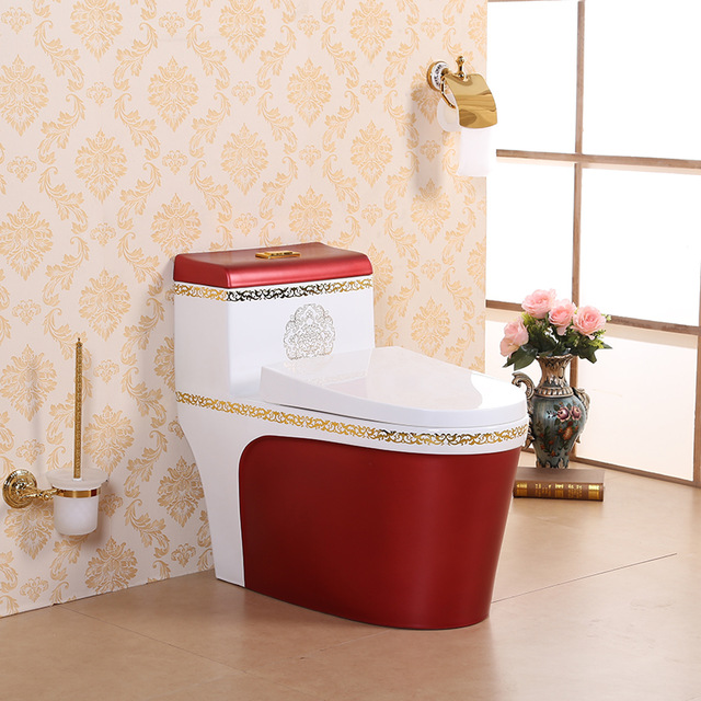 Vermont European Style Floor Mounted Lavatory in Ceramic White and Red Finish with Gold Lining Design