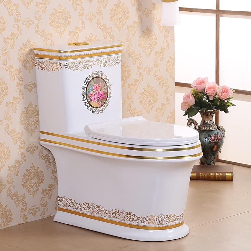 Vermont European Style Floor Mounted Lavatory in Ceramic White and Gold Finish with Flower Design