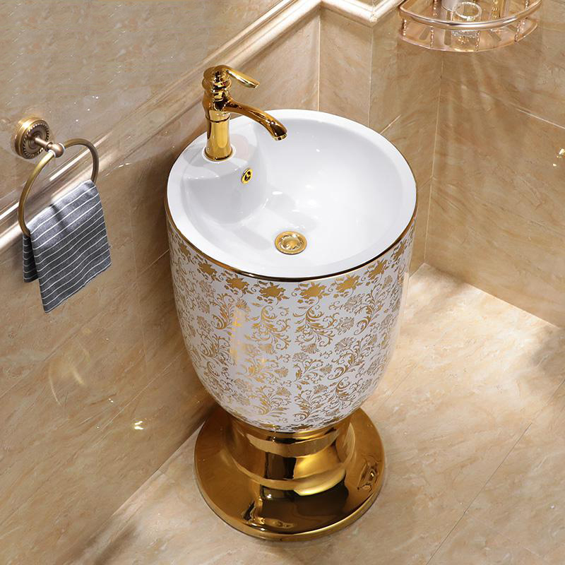Buy Georgia Round Freestanding Sink With Faucet In White And Gold