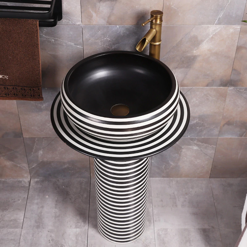 Crimea Ceramic Pedestal With Sink Bowl In Monochrome Ring Design With Attached Brass Faucet