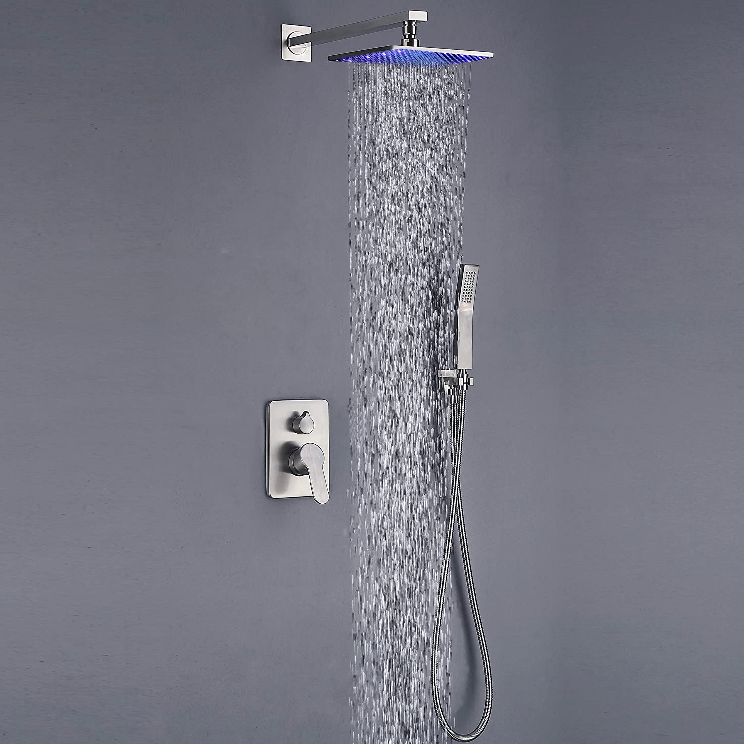 BathSelect Brushed Nickel Wall Mount Thermostatic Mixer LED Shower Set