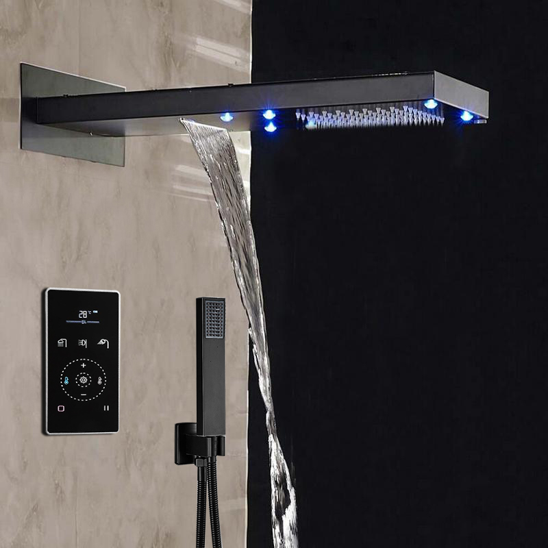 Lima Solid Brass Multi Color LED Rain Shower Head With Thermostatic LCD Mixer Valve And Handheld Shower In Dark Oil Rubbed Finish