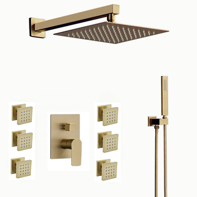 BathSelect Marseille Brushed Gold Wall Mount Massage Thermostatic Shower System Set