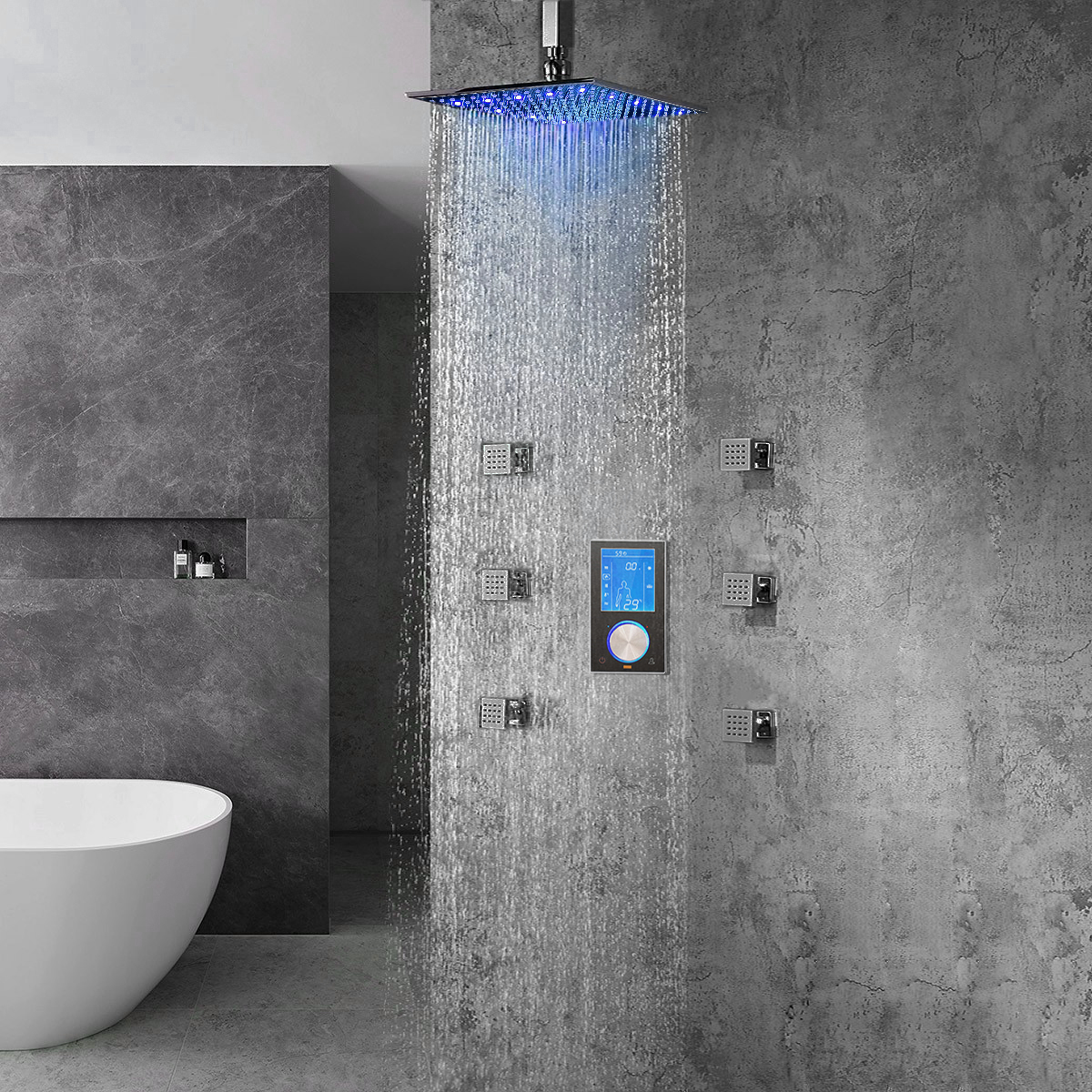 Romo Solid Brass Color Changing LED Rain Shower Head with Digital Mixer and 360° Adjustable Body Jets