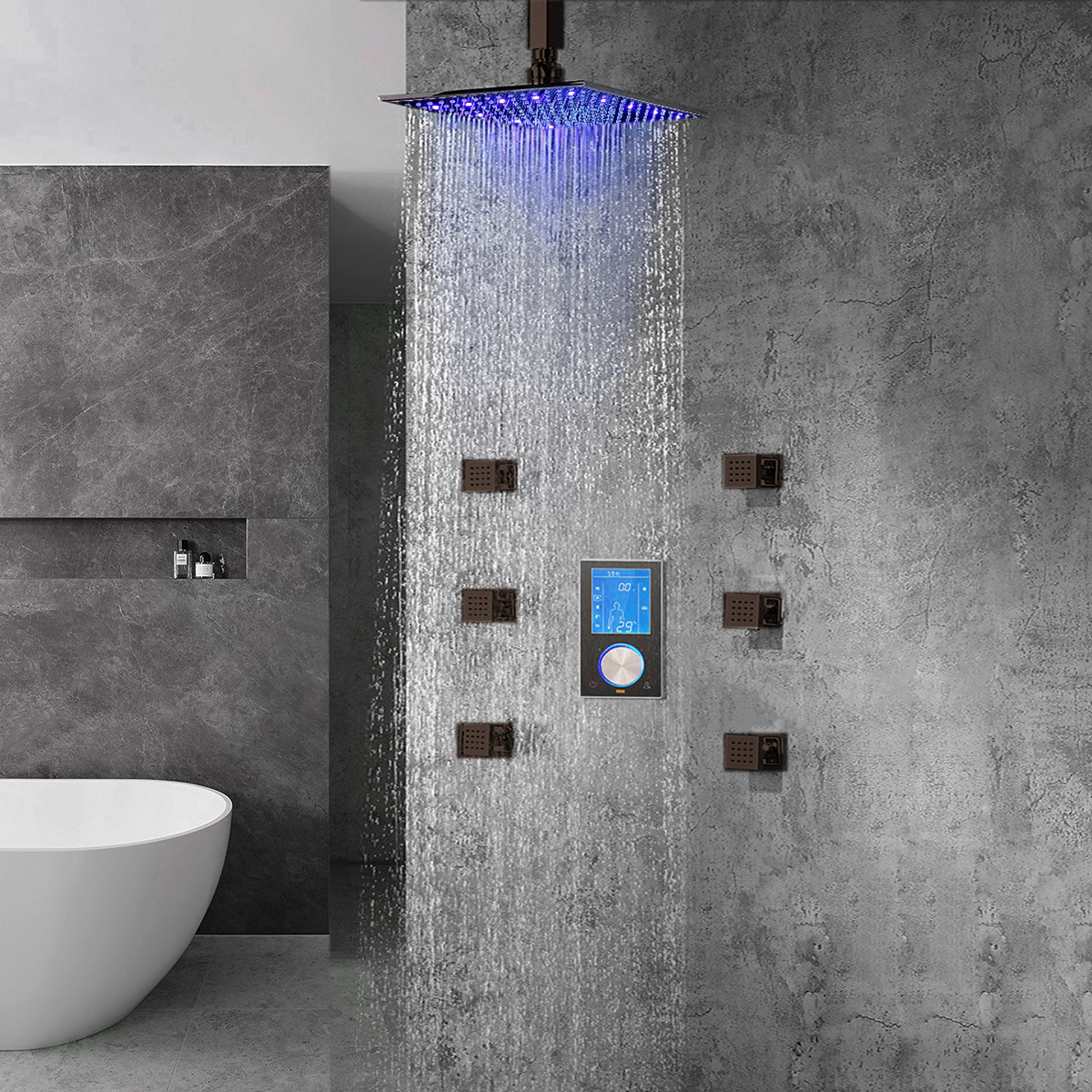 Lano Multi Color LED Rain Shower Head With Digital Mixer And 360° Adjustable Body Jets