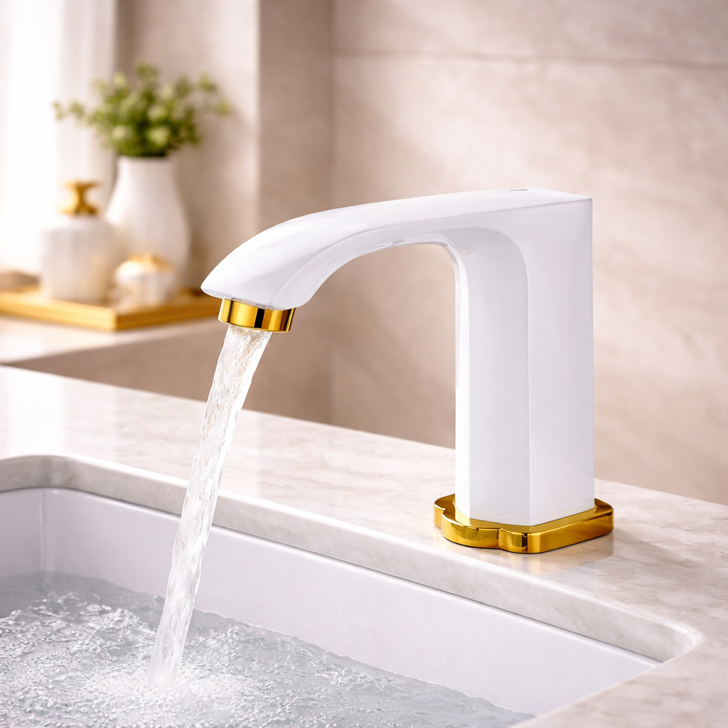 BathSelect white and gold commercial automatic sensor hands free faucet