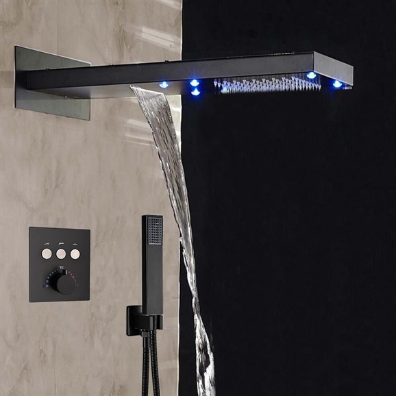 BathSelect Cairo Solid Brass Multi Color LED Rain And Waterfall Shower Head With Thermostatic Mixer Valve And Handheld Shower In Dark Oil Rubbed Finish