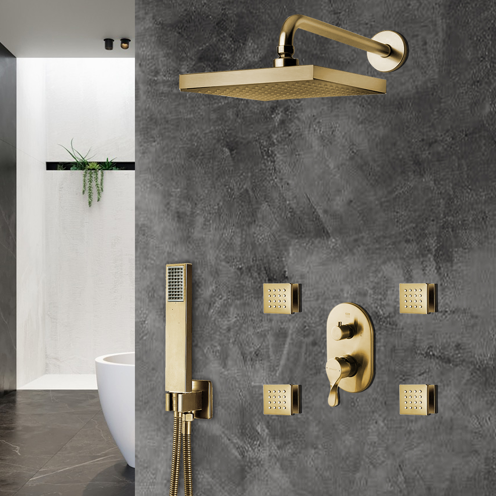 BathSelect Thermostatic Brushed Gold Rainfall Shower Set And Hand Held Shower With SPA Massage Jets And 2-Way Mixer Valve