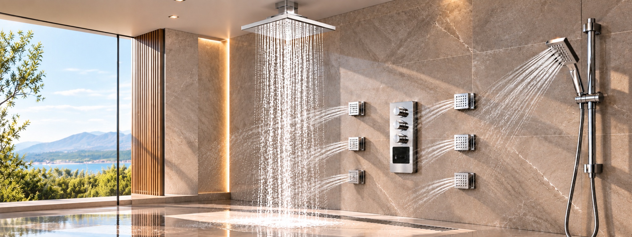 Multifunctional chrome shower system with rainfall, waterfall, handheld, body jets and temperature control