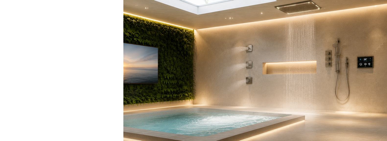 BathSelect spa and smart thermostatic shower system with rainfall head handheld shower and body massage jets