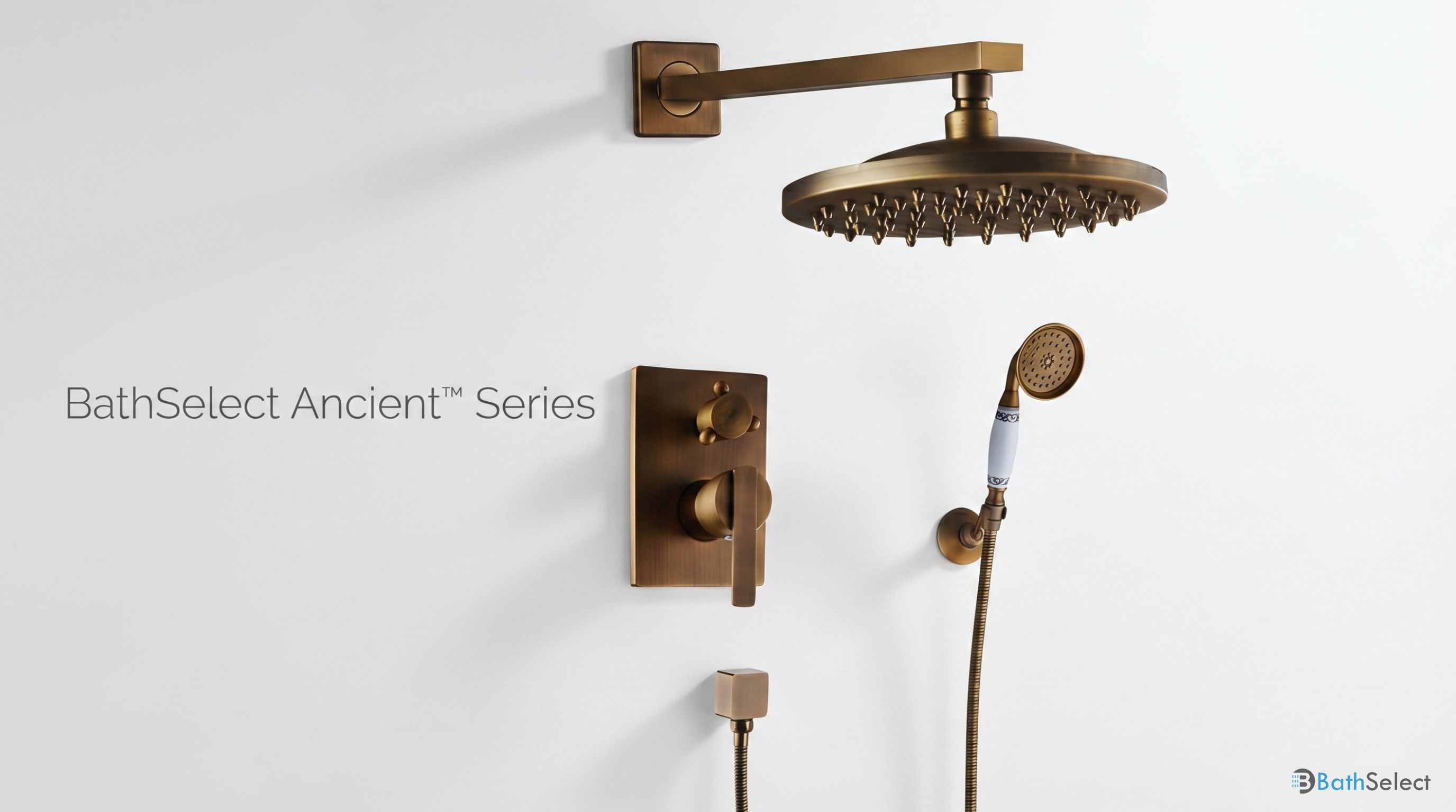 BathSelect Ancient Square Antique Brass 8-Inch Rainfall Wall Shower Head with Hand-Held Shower
