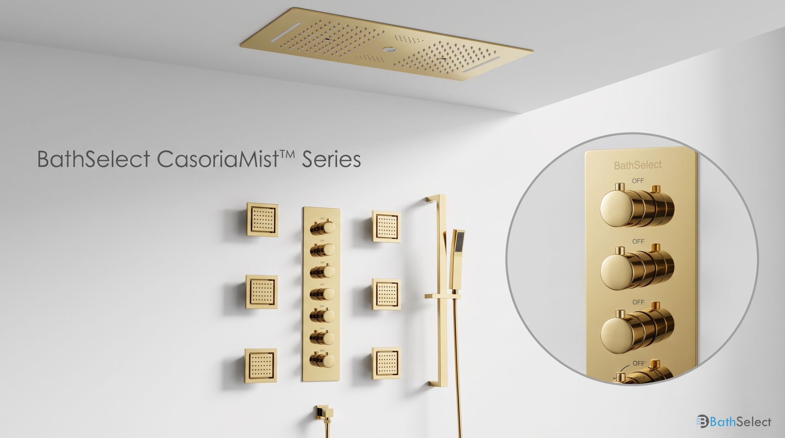 Casoria Phone Controlled Brushed Gold Thermostatic LED Recessed Ceiling Mount Shower System