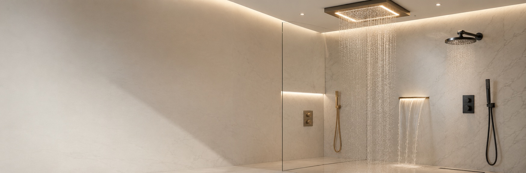 BathSelect luxury rainfall, waterfall, LED, ceiling-mounted, wall-mounted and multifunction shower head collections