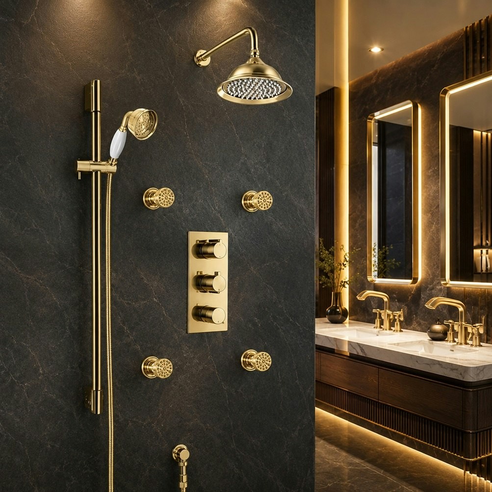 BathSelect Lima thermostatic shower system in brushed gold
