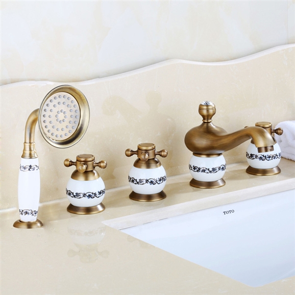 Bathselect Beautiful Classic Surface Mount Antique Brass Bathtub Faucet With Hand Held Shower