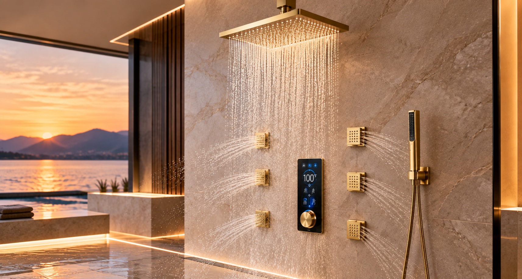BathSelect smart digital shower system with digital controller, rainfall shower, body jets and handheld shower