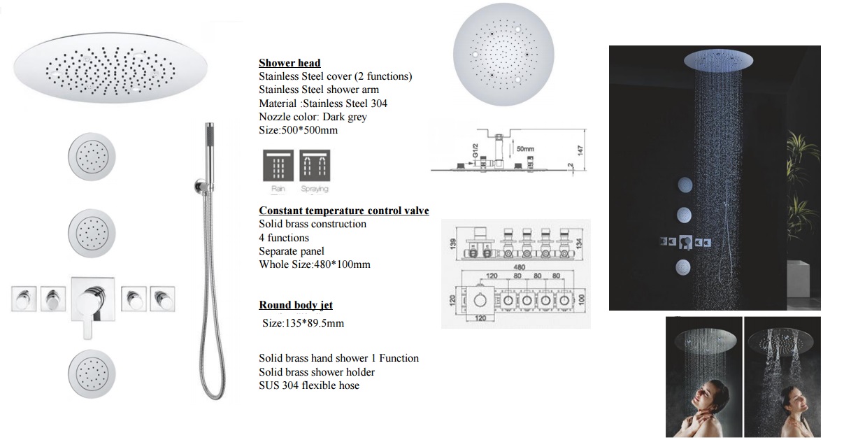 Billa Recessed Shower Head Shower System Color Changing Water Powered Led Shower with Adjustable Body Jets