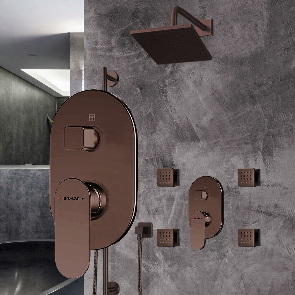 Bravat Wall Mounted Light Oil Rubbed Bronze Square Shower Set With Thermostatic Valve Mixer 3-Way Concealed