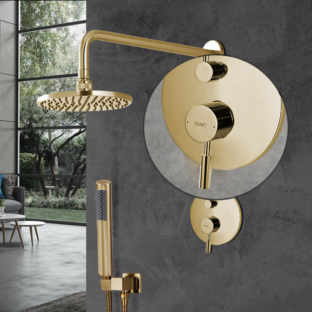 Bravat Wall Mounted Brushed Gold Shower Set With Thermostatic Valve Mixer Concealed