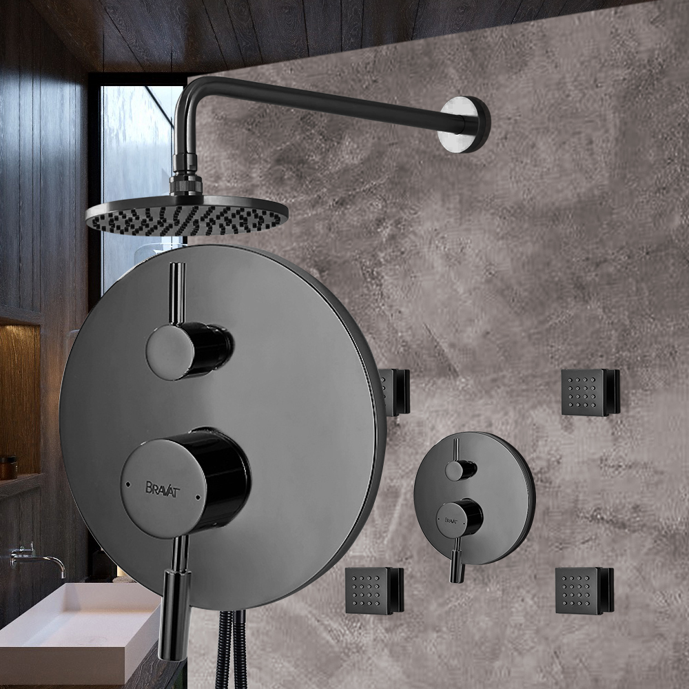 Bravat Wall Mounted Dark Oil Rubbed Bronze Shower Set With Thermostatic Valve Mixer 3-Way Concealed