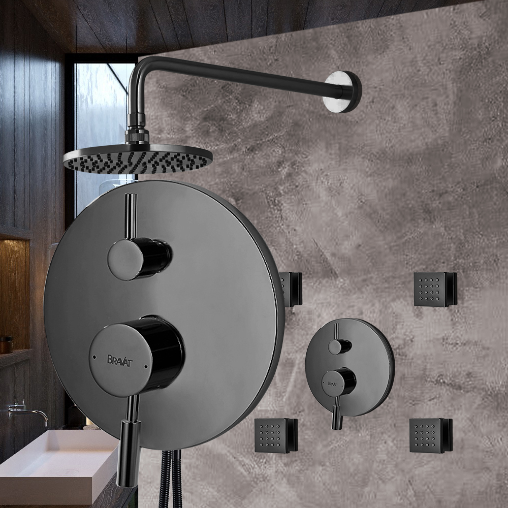Bravat Wall Mounted Dark Oil Rubbed Bronze Shower Set With Thermostatic Valve Mixer 3-Way Concealed
