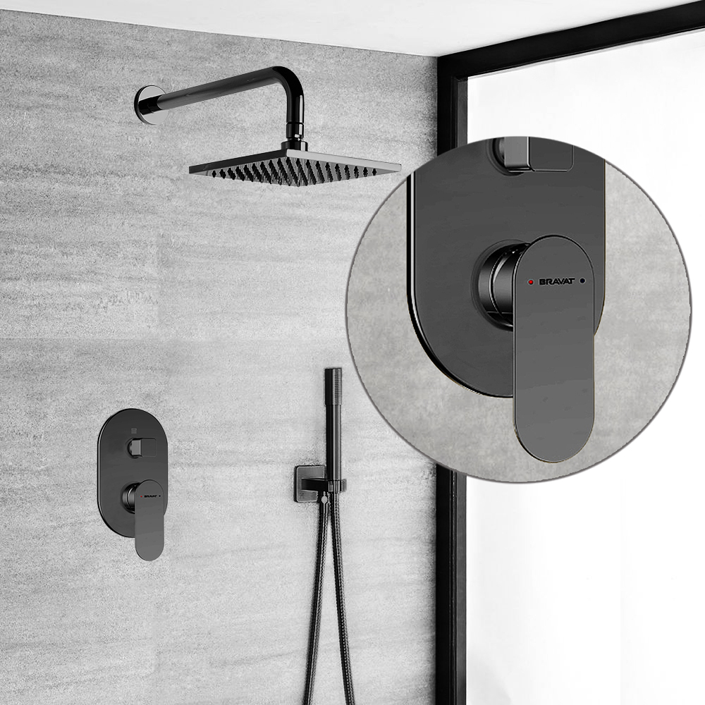 Bravat Wall Mounted Dark Oil Rubbed Bronze Square Shower Set With Thermostatic Valve Mixer Concealed