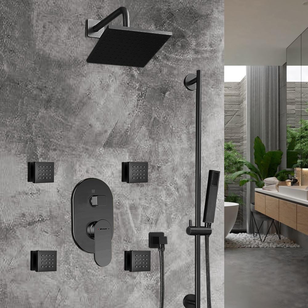 Bravat Wall Mounted Dark Oil Rubbed Bronze Square Shower Set With Thermostatic Valve Mixer 3-Way Concealed